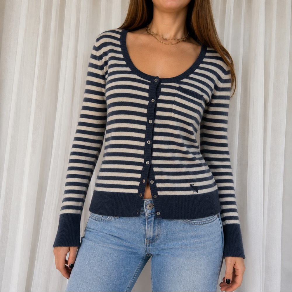 Abercrombie & Fitch Navy and Cream Striped Button-Front Cardigan